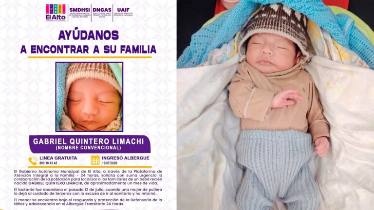 Alcaldía de El Alto busca a la familia del bebé de aproximadamente un mes de edad que fue abandonado en Playa Verde, Distrito 7